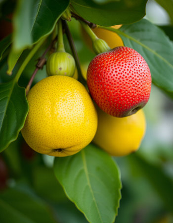 Red and yellow fruits on a tree in an orchard in summerの写真素材