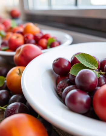 Fresh plums in a bowl on a wooden tableの写真素材