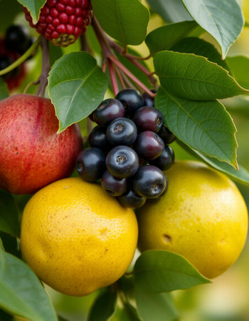 Fruits on the branch of a tree in the summer garden.の写真素材