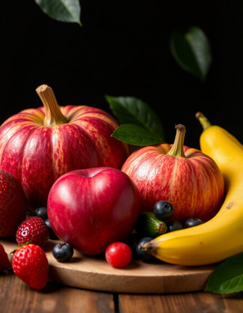 Fresh fruits and vegetables on wooden background. Healthy food concept. Selective focusの写真素材