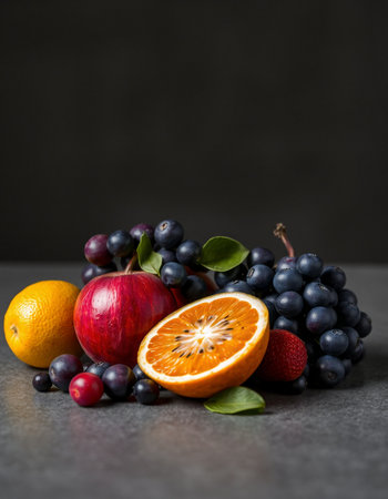Fresh fruits on a black background, selective focus, copy space.の写真素材