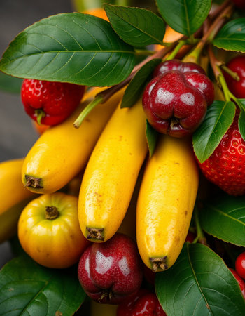 Close up of a bunch of fresh fruit including strawberries, cherries and bananasの写真素材