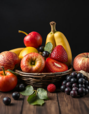 Fresh fruits in a basket on a wooden table. Black background.の写真素材