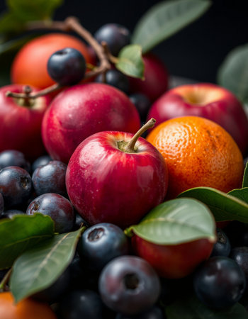 Variety of fresh fruits and berries on black background. Healthy eating concept.の写真素材