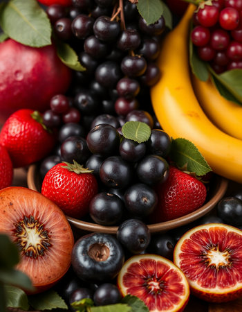 Close up of fresh fruits and berries on wooden table. Healthy eating concept.の写真素材