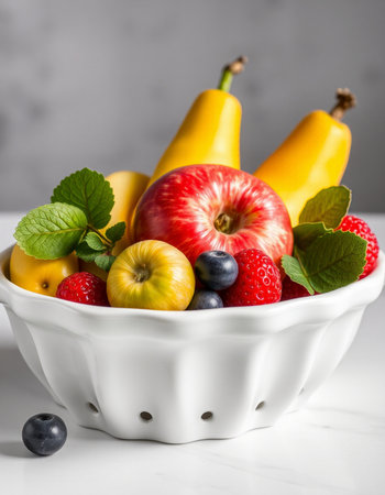 Mix of fresh fruits and berries in a white bowl, selective focusの写真素材