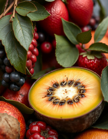 Fresh fruits and berries as background, closeup. Healthy eating conceptの写真素材