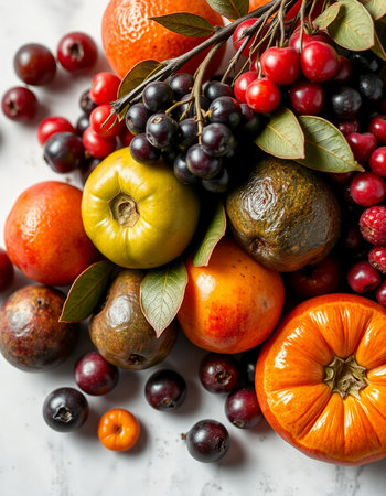Autumn still life with different fruits and vegetables on a white backgroundの写真素材