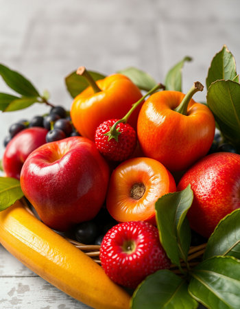 Fresh fruits in a basket on a wooden background. Healthy food.の写真素材