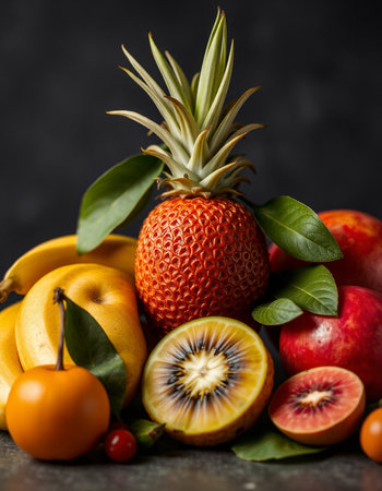 Fresh fruits on black background. Healthy food concept. Selective focus.の写真素材