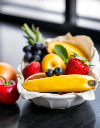 Fresh fruits in a basket on a black background. Healthy food concept.の写真素材