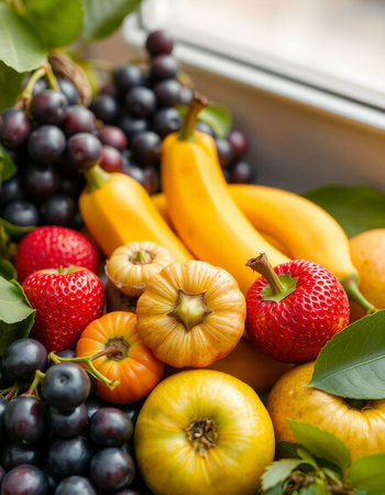 Fresh fruits and vegetables on the windowsill. Healthy food concept.の写真素材
