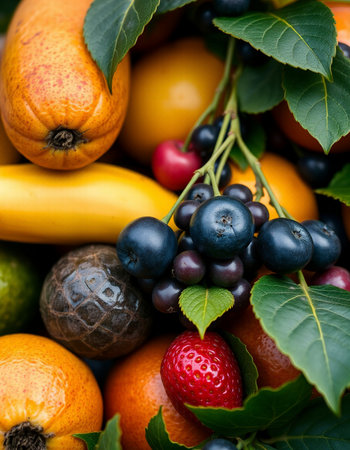 Assorted fresh fruits and berries as background, close-up.の写真素材