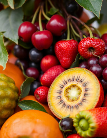 Close up of fresh fruits and berries in a basket, healthy foodの写真素材