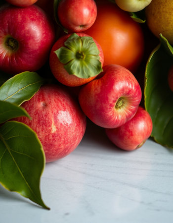 Fresh fruits and vegetables on a white wooden table. Selective focus.の写真素材