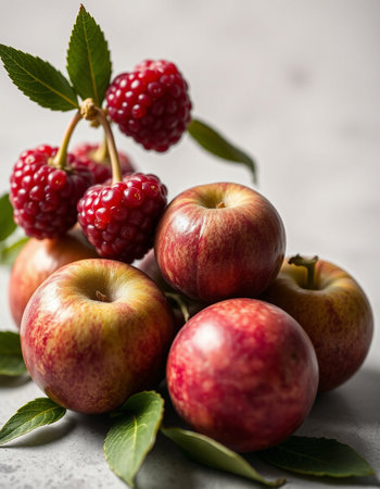 Ripe red apples and raspberries with leaves on grey background