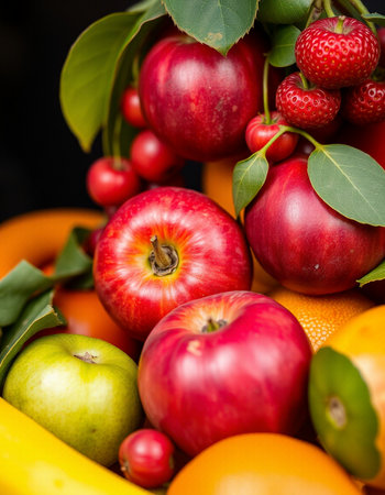 Close up of fresh fruits and vegetables on black background. Selective focus.の写真素材