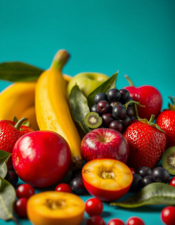 Fruits and berries on a blue background. Healthy food concept.の写真素材