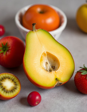 Fresh fruits and vegetables on grey background, selective focus. Healthy food concept.の写真素材