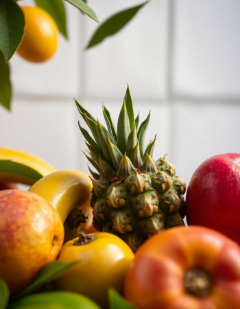 Variety of fruits including pineapple, tomato, lemon, melon and otherの写真素材