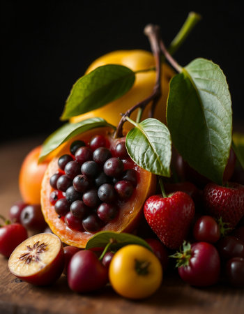 Fruits and berries on a wooden table. Selective focus.の写真素材