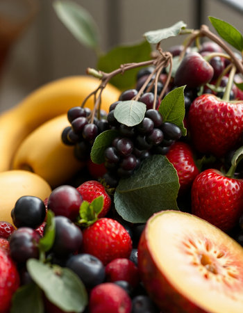 Mix of fresh fruits in a basket, close-up, verticalの写真素材