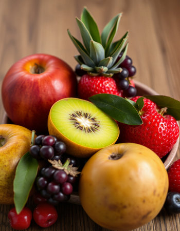 Fresh fruits on a wooden table. Healthy food concept. Closeup.