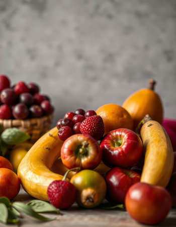 Fruits and vegetables on rustic wooden background, selective focus.の写真素材