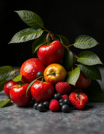 Fresh fruits and berries on dark stone background. Selective focus.