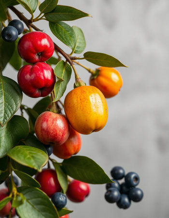 Close up of a branch with red and orange hawthorn berriesの写真素材