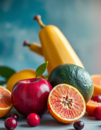 Variety of fresh fruit including apples, oranges, grapefruits and cranberriesの写真素材