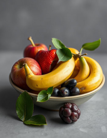 Bowl of fresh fruits on grey background. Healthy eating concept.の写真素材