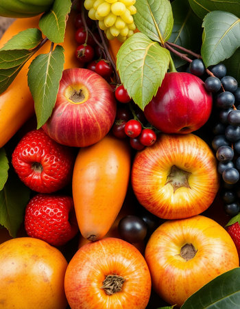 Fruits and vegetables background. Healthy food concept. Top view.の写真素材