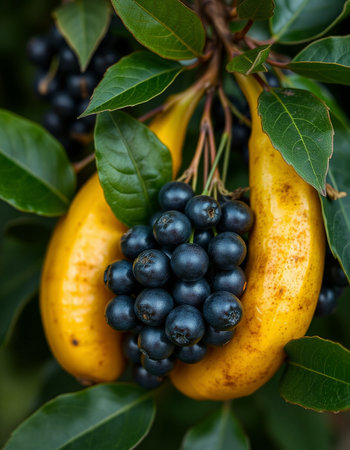 Bunch of ripe black chokeberry fruits on a tree in the gardenの写真素材
