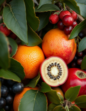 Variety of fresh fruits with leaves and berries, healthy eating conceptの写真素材