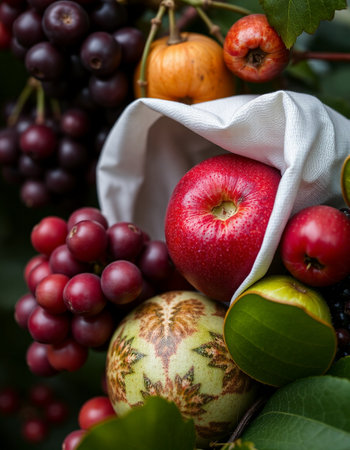 Autumn still life with apples and grapes. Selective focus.の写真素材