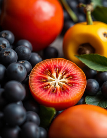Fresh fruits and vegetables on dark background. Healthy food concept. Selective focus.の写真素材