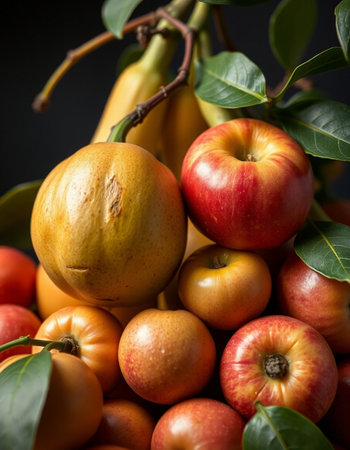 Fresh fruits and vegetables on a dark background. Selective focus.の写真素材
