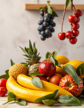 Fruits and berries on a wooden table. Healthy eating concept.の写真素材