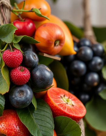 Fruits and berries in a basket, close-up, selective focus