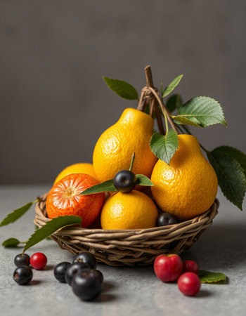 Ripe fruits in a basket on a gray background. Selective focus.の写真素材