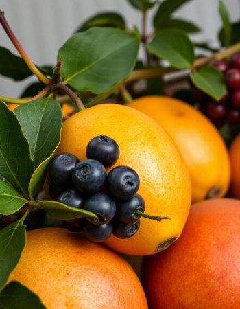 Close up of fresh ripe oranges and grapefruits with green leavesの写真素材