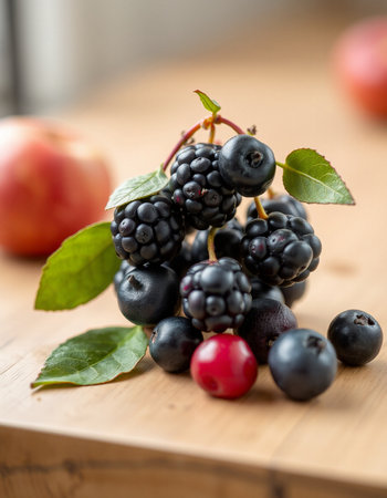 Blackberries, blueberries and red apples on a wooden table.