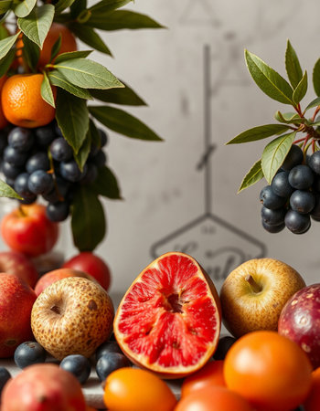 Fruits and berries on a gray background. Healthy food concept.の写真素材