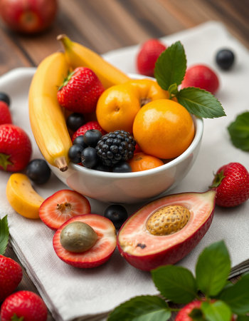 Mix of fresh fruits in a bowl on wooden background, selective focusの写真素材