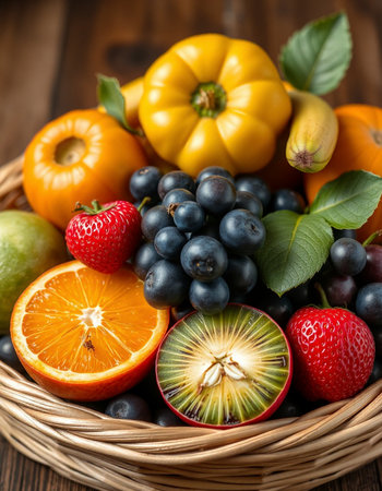 Fresh fruits and vegetables in a basket on wooden background. Healthy food.