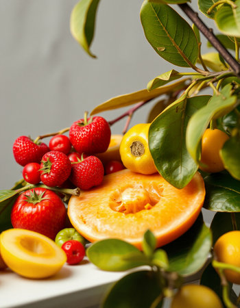 Fruits and vegetables on a white table. Close-up.の写真素材