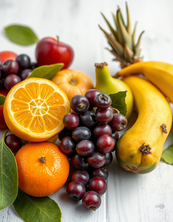 Variety of fresh fruits including oranges, grapes, bananas and apples.の写真素材