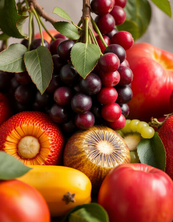 Fresh fruits and vegetables as background. Healthy eating concept. Selective focus.の写真素材