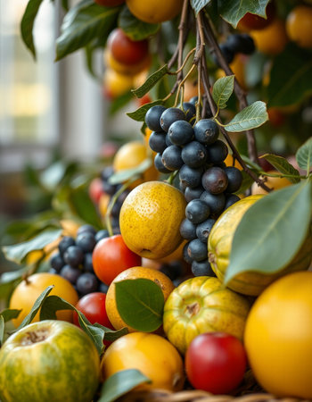 Colorful fruits in a basket on a window sill.の写真素材